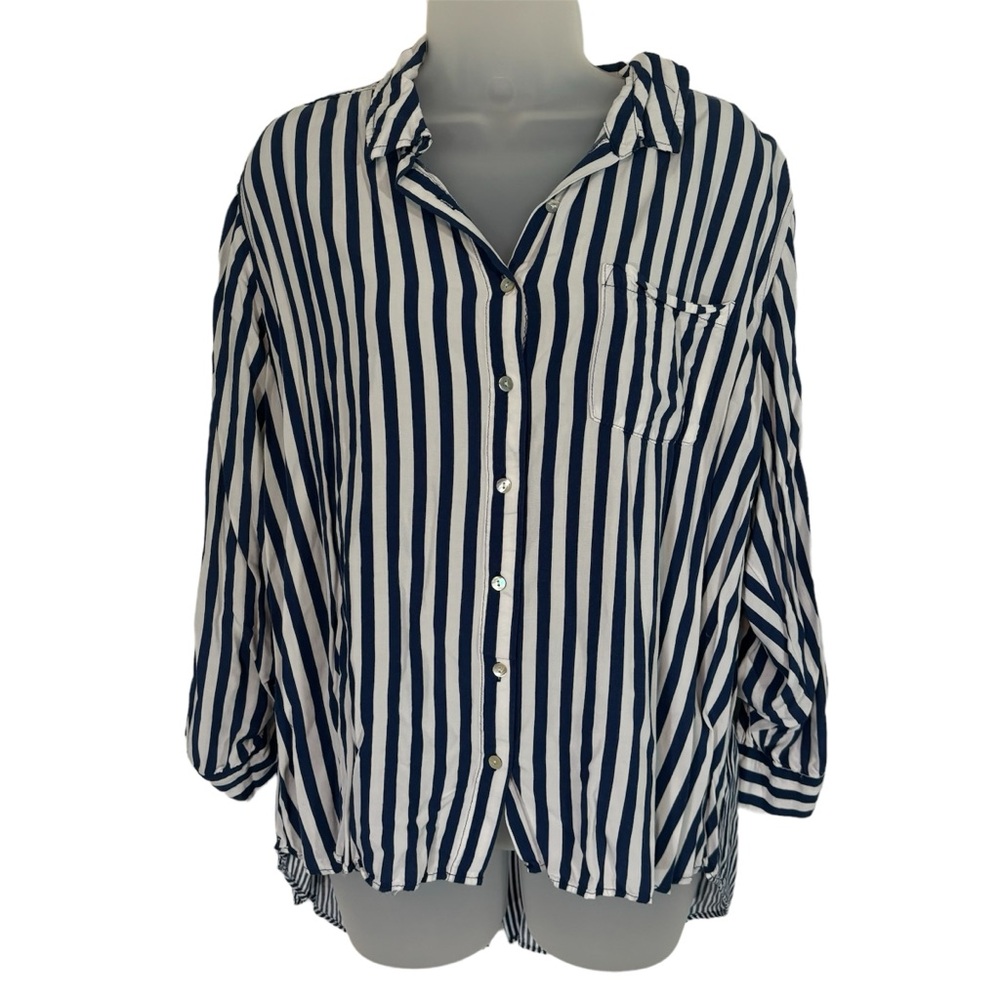 Jane and Delancey Navy Blue White Stripe Blouse Button Down Contemporary 1X